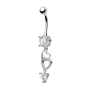 14G CZ Triple Hearts Dangle Belly Button Ring