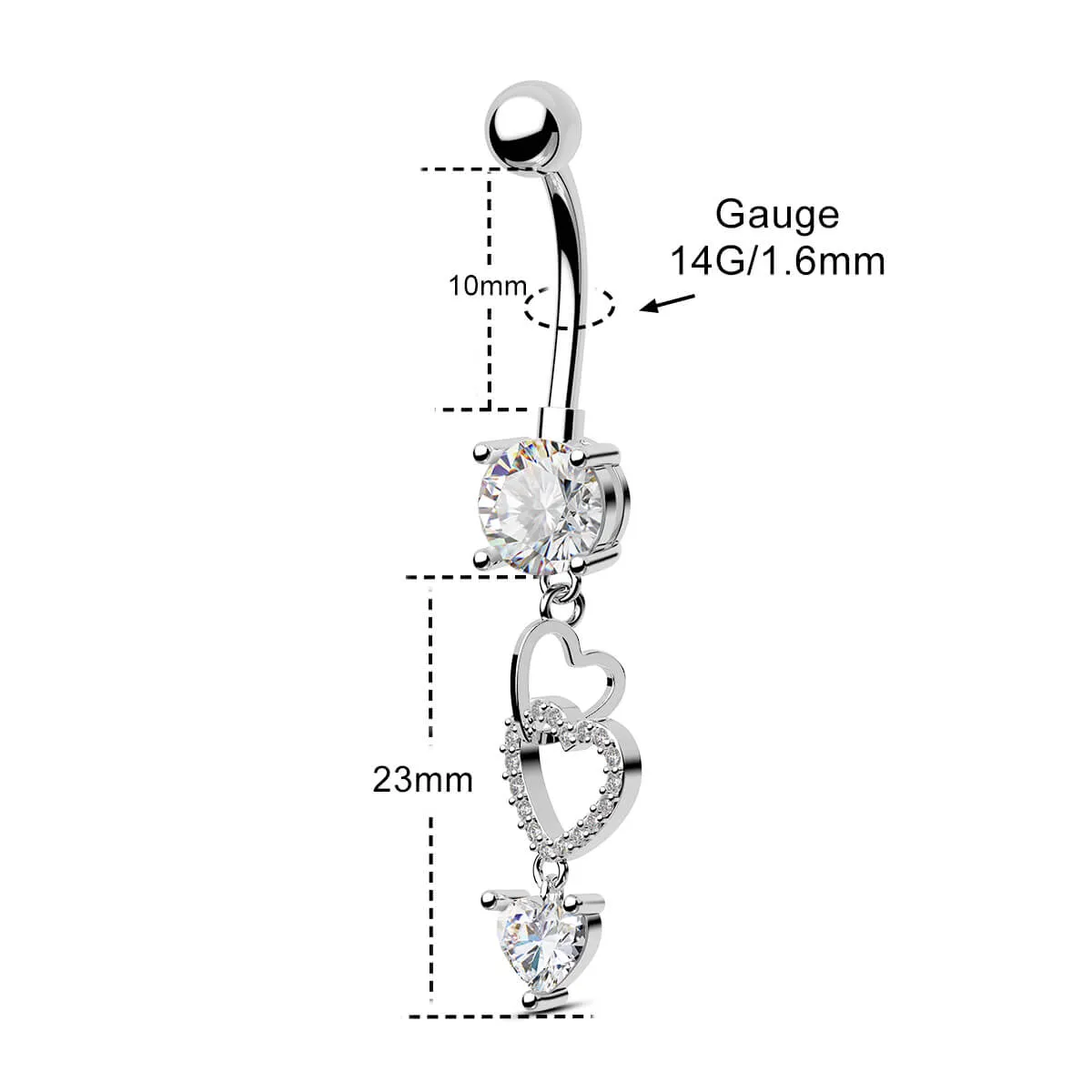 14G CZ Triple Hearts Dangle Belly Button Ring