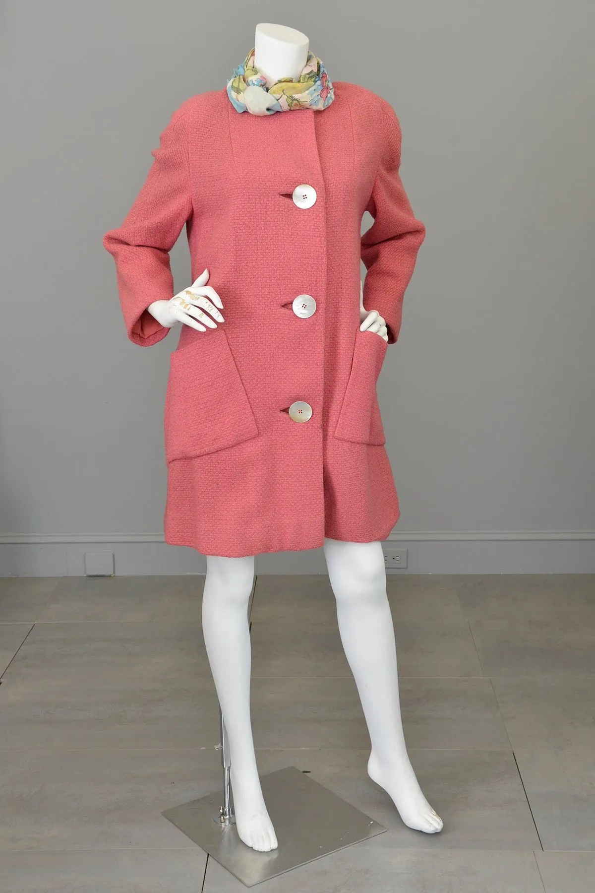 1950s Pink Bouclé Patch Pockets Coat