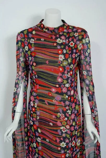 1960's Pauline Trigere Abstract Floral Cotton Kimono Angel-Sleeve Maxi Dress