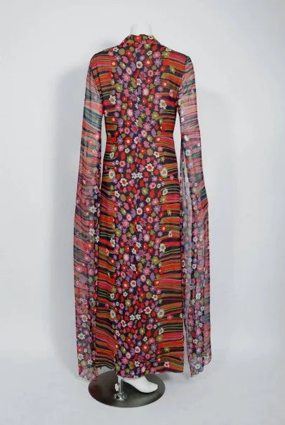 1960's Pauline Trigere Abstract Floral Cotton Kimono Angel-Sleeve Maxi Dress