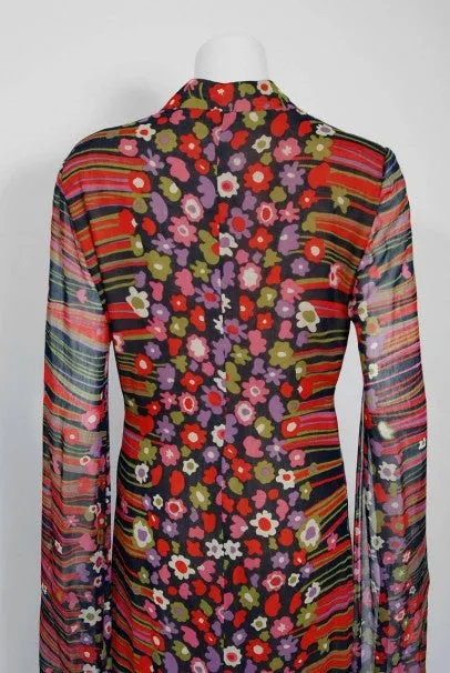 1960's Pauline Trigere Abstract Floral Cotton Kimono Angel-Sleeve Maxi Dress