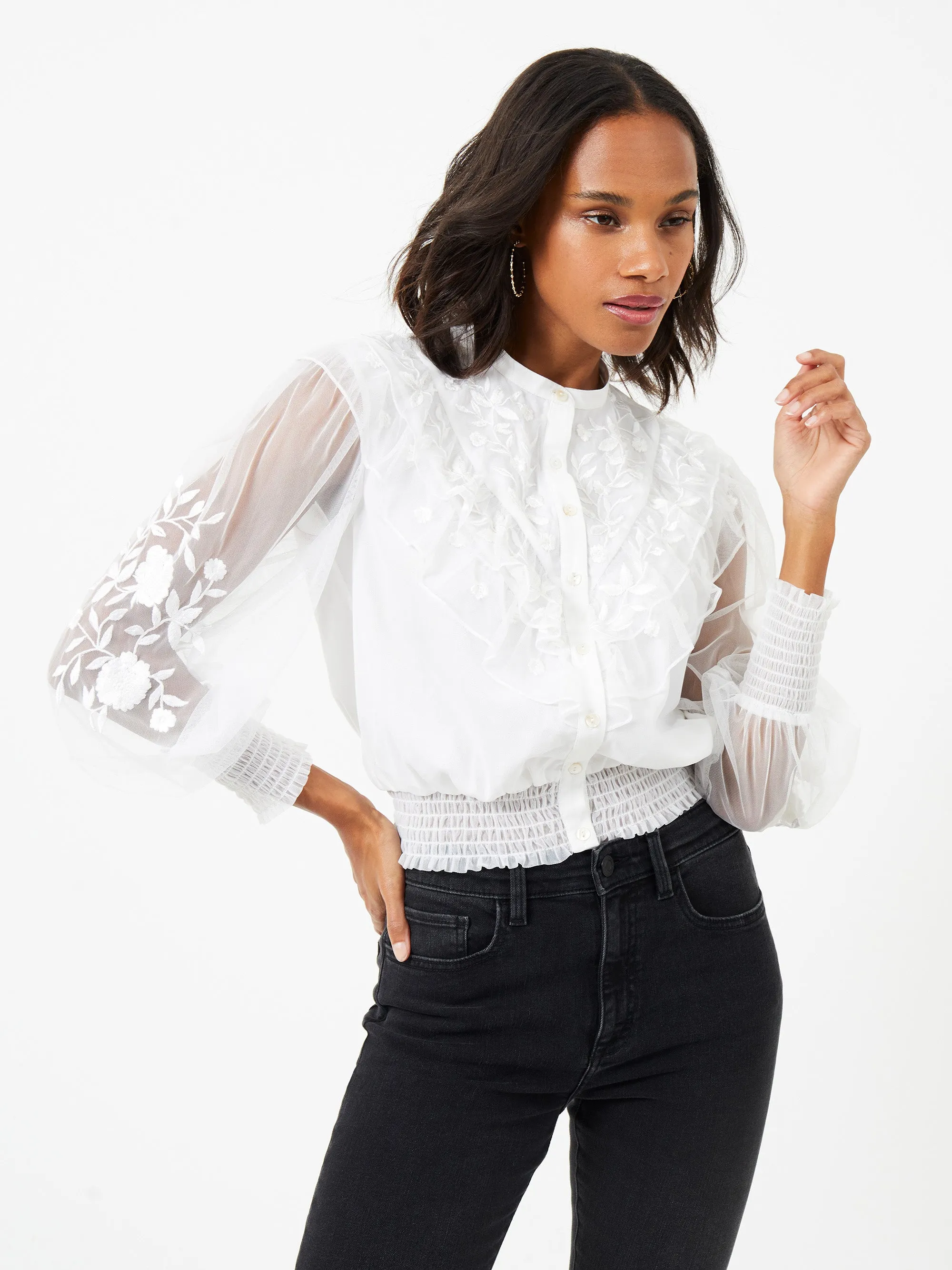 Abra Embroided Mesh Frill Top