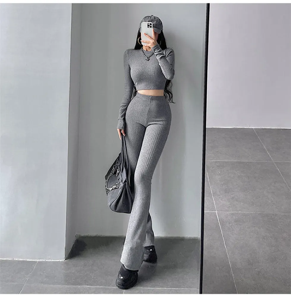 Alias Solid Color Ribbed Slim Long Sleeve Cropped Top High Waist Pants Matching Set