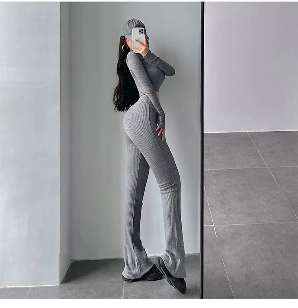 Alias Solid Color Ribbed Slim Long Sleeve Cropped Top High Waist Pants Matching Set