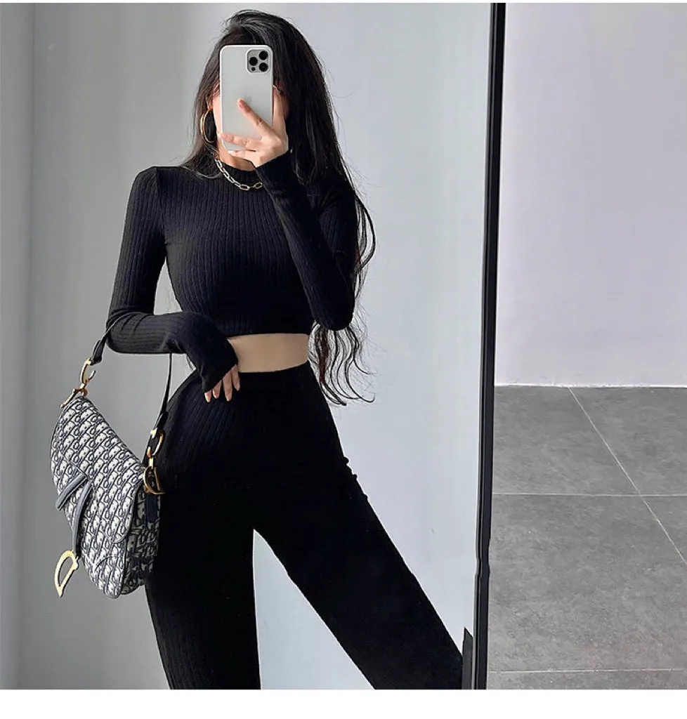 Alias Solid Color Ribbed Slim Long Sleeve Cropped Top High Waist Pants Matching Set