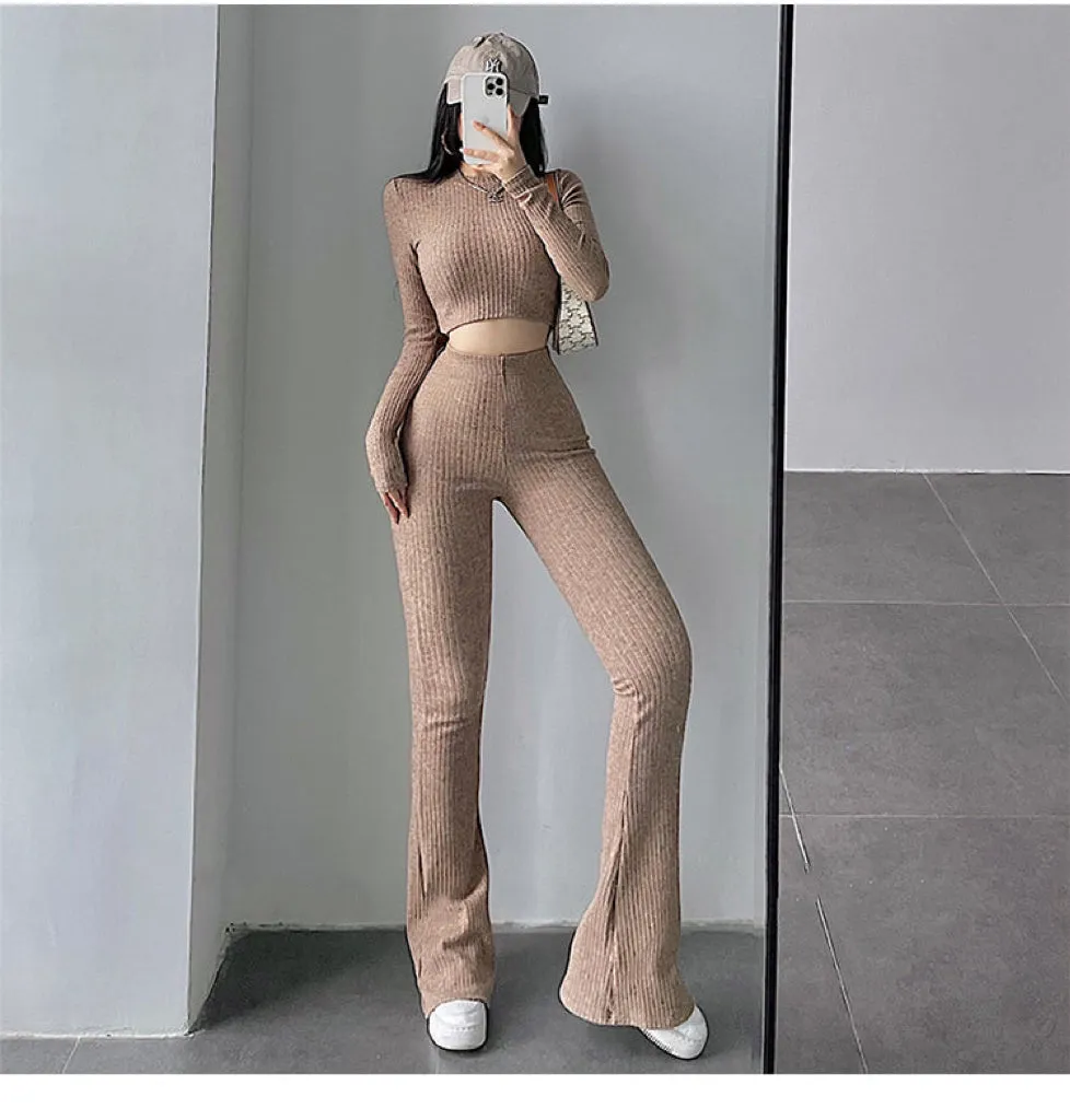 Alias Solid Color Ribbed Slim Long Sleeve Cropped Top High Waist Pants Matching Set