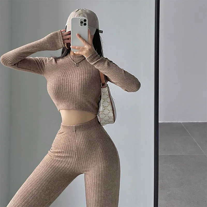 Alias Solid Color Ribbed Slim Long Sleeve Cropped Top High Waist Pants Matching Set