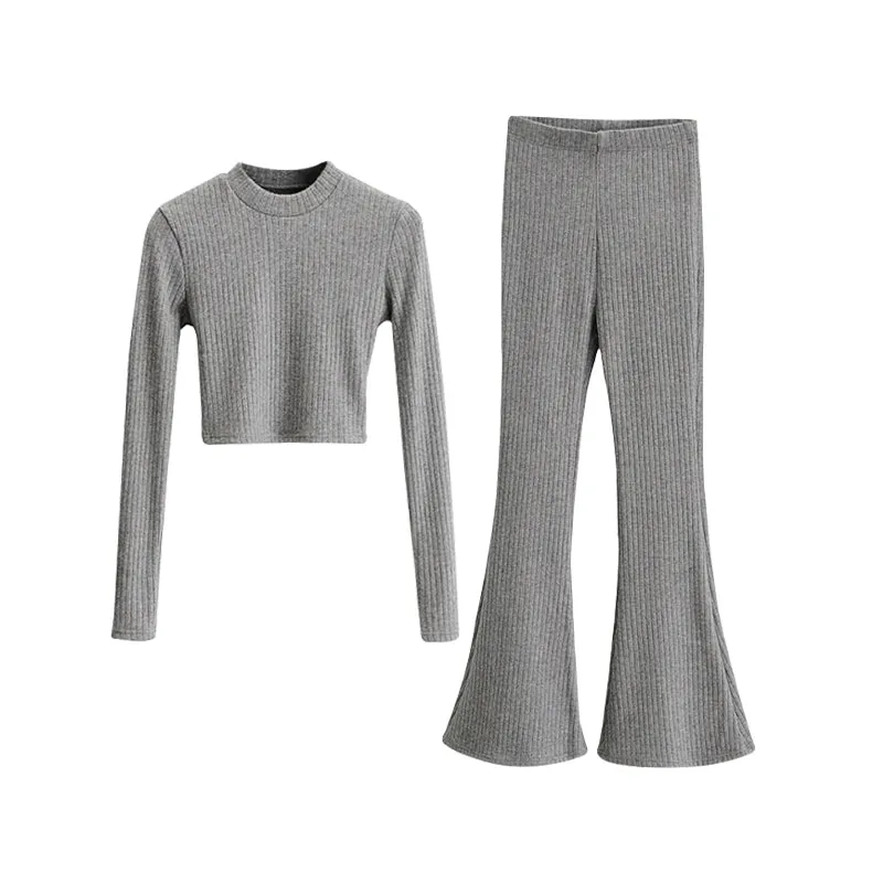 Alias Solid Color Ribbed Slim Long Sleeve Cropped Top High Waist Pants Matching Set