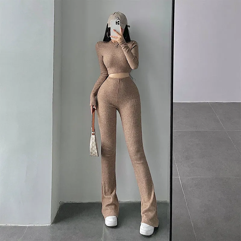 Alias Solid Color Ribbed Slim Long Sleeve Cropped Top High Waist Pants Matching Set