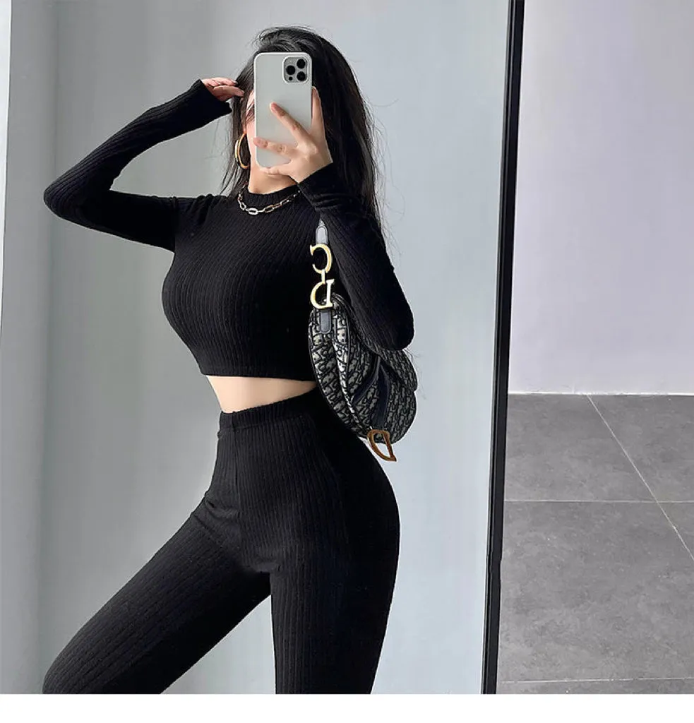 Alias Solid Color Ribbed Slim Long Sleeve Cropped Top High Waist Pants Matching Set