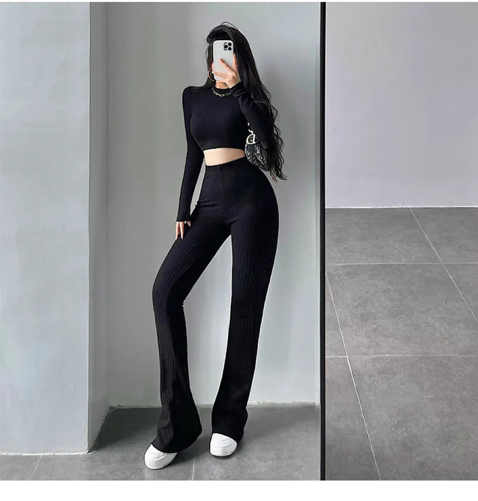 Alias Solid Color Ribbed Slim Long Sleeve Cropped Top High Waist Pants Matching Set