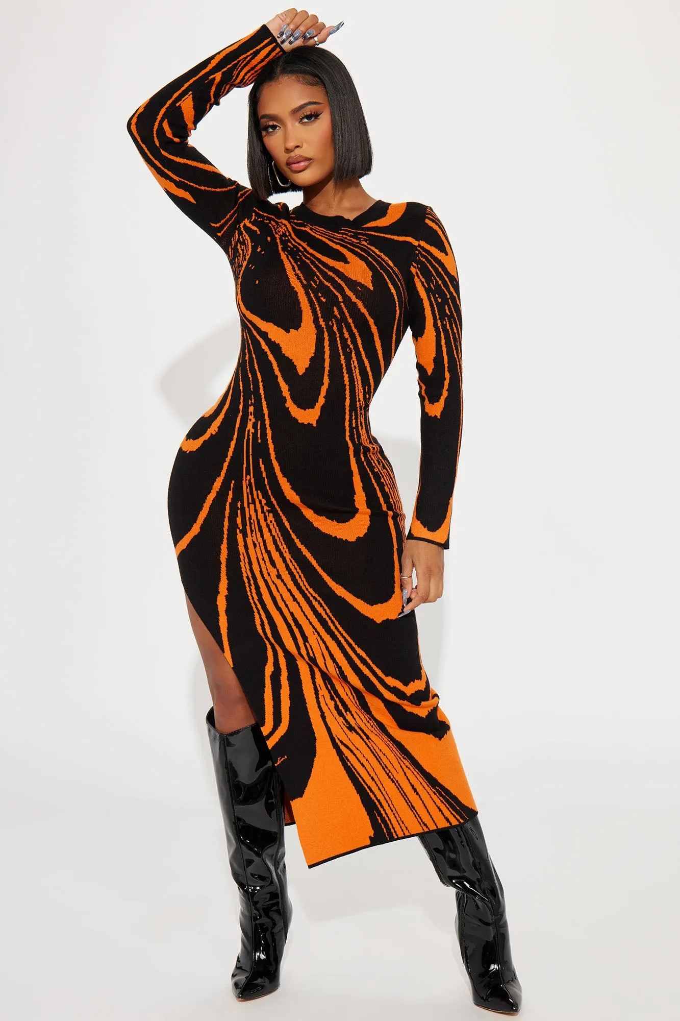 Amara Abstract Sweater Maxi Dress - Orange/combo