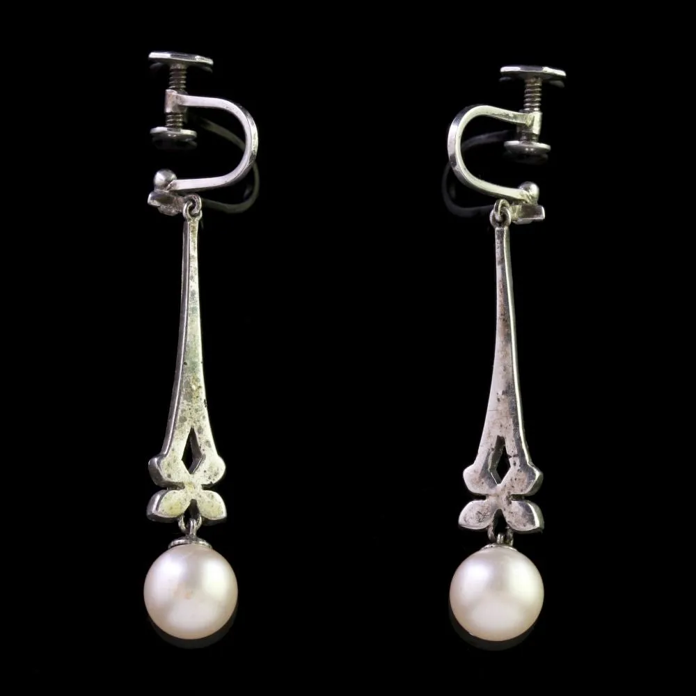 Antique Art Deco Silver Paste Pearl Earrings Circa 1930