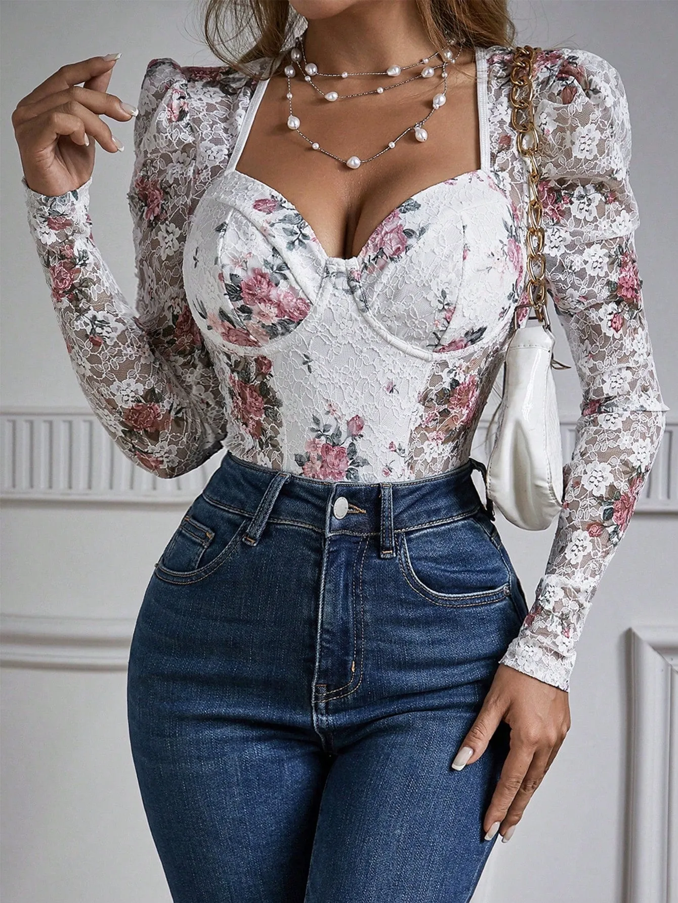 BAE Floral Printed Lace Long Sleeve Bodysuit