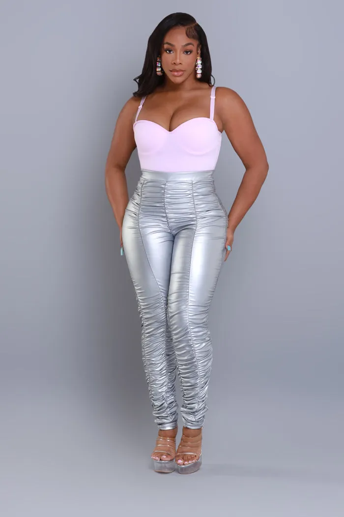 Be Honest Ruched High Waist Pants - Silver Metallic Leggings