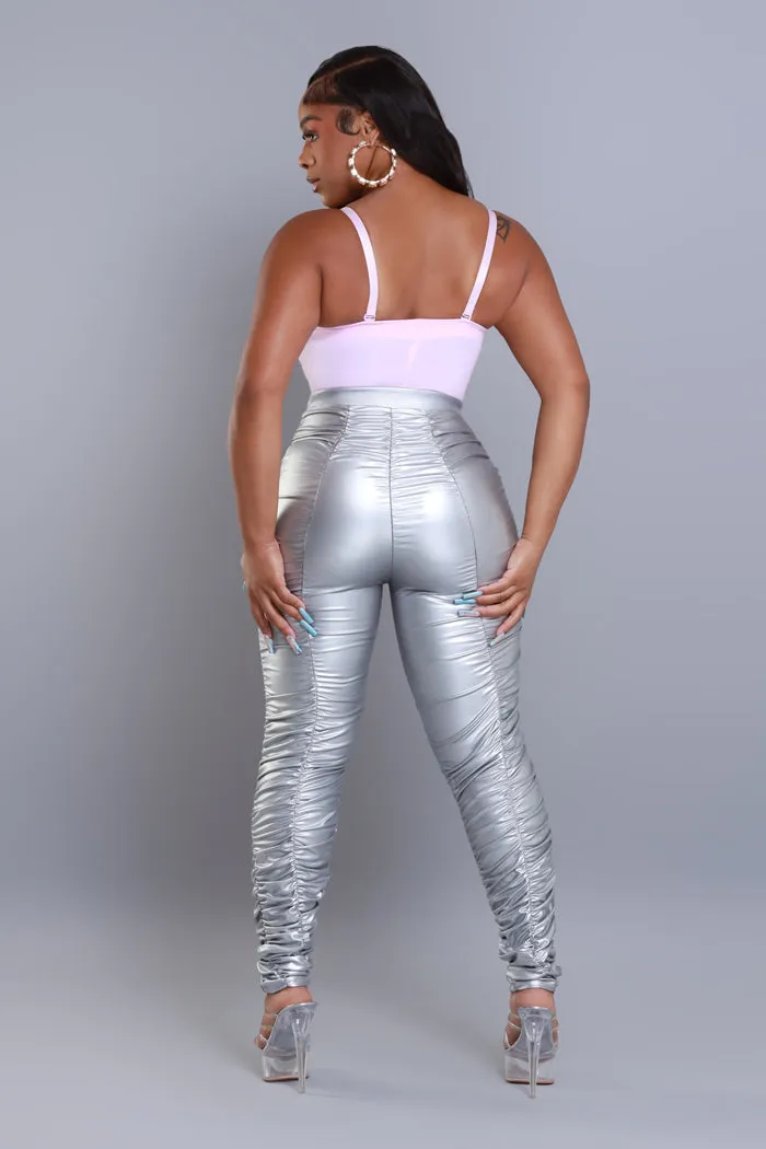 Be Honest Ruched High Waist Pants - Silver Metallic Leggings