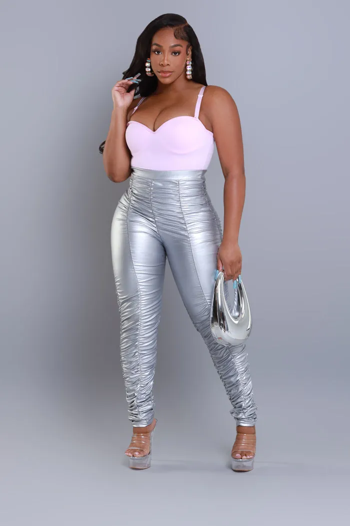 Be Honest Ruched High Waist Pants - Silver Metallic Leggings