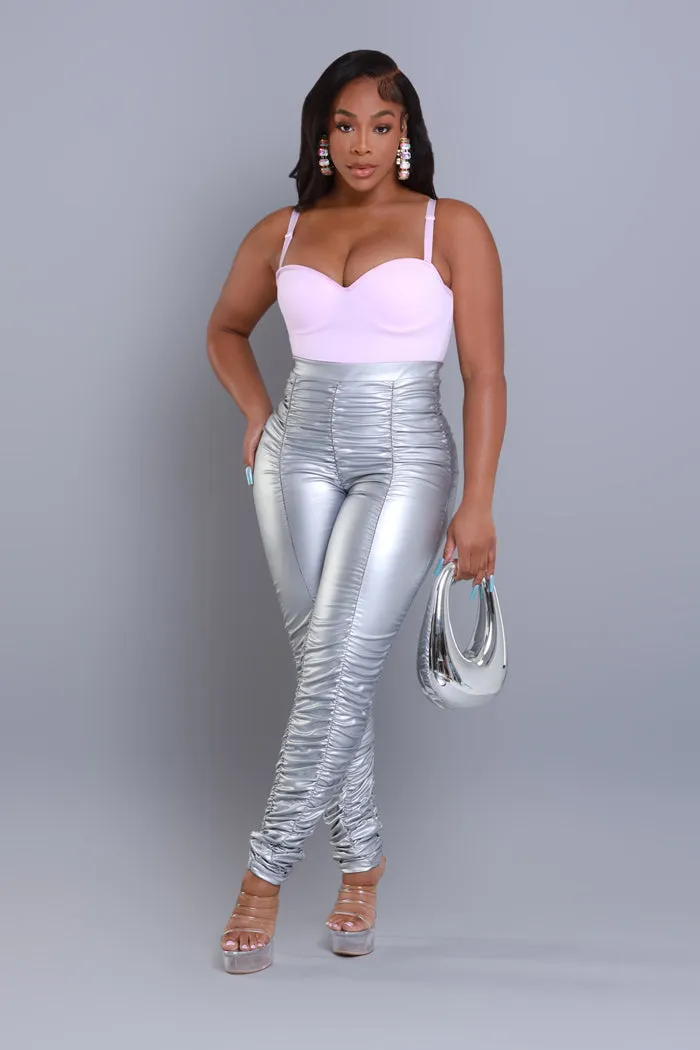 Be Honest Ruched High Waist Pants - Silver Metallic Leggings