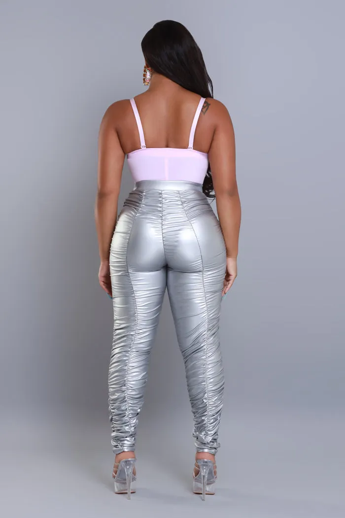 Be Honest Ruched High Waist Pants - Silver Metallic Leggings