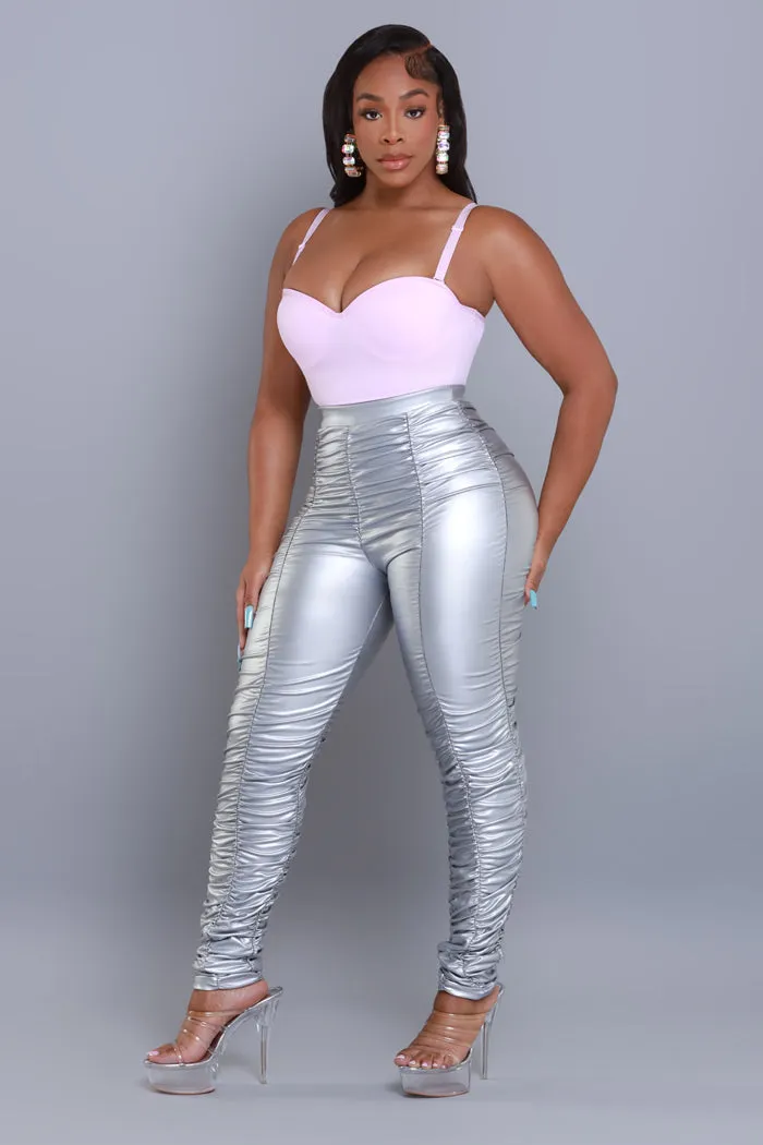 Be Honest Ruched High Waist Pants - Silver Metallic Leggings