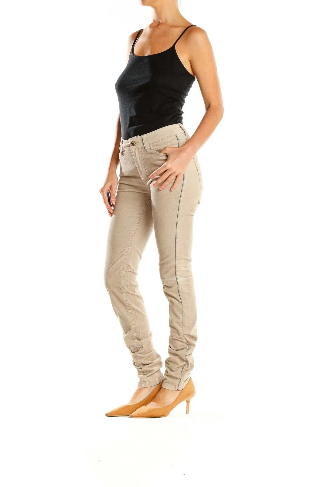 Beige Slim Fit Corduroy Pants