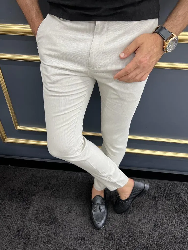 Beige Slim Fit Cotton Pants for Men by GentWith | Worldwide Shipping