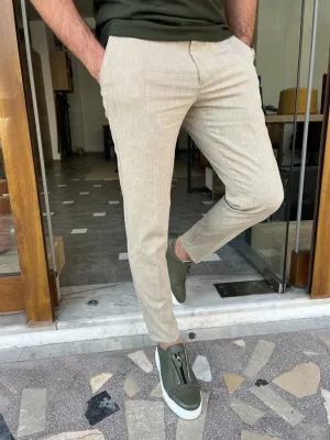 Beige Slim Fit Linen Pants for Men by GentWith.com