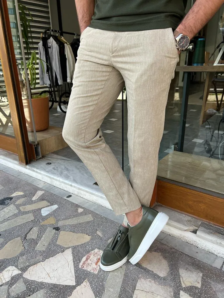 Beige Slim Fit Linen Pants for Men by GentWith.com