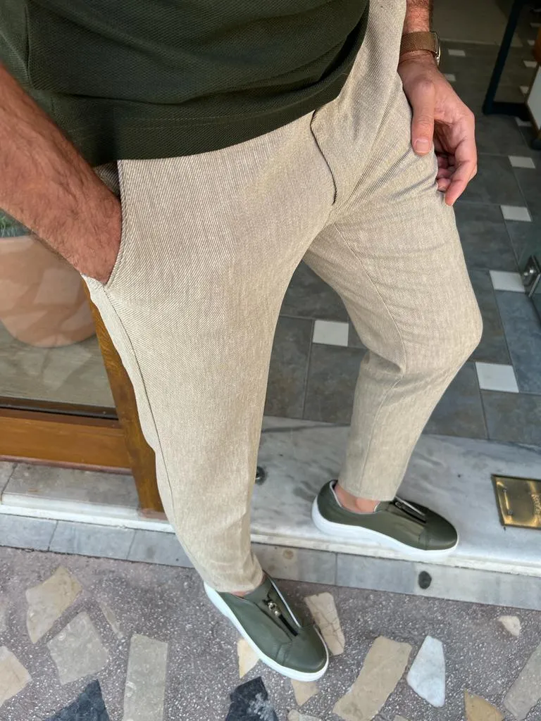 Beige Slim Fit Linen Pants for Men by GentWith.com