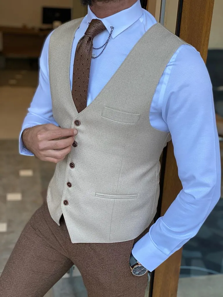 Beige Slim Fit Wool Vest for Men by GentWith.com | Worldwide Shipping