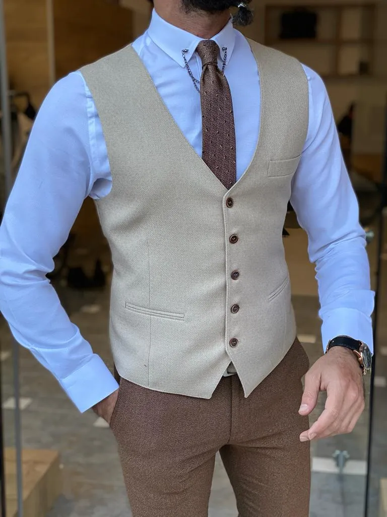 Beige Slim Fit Wool Vest for Men by GentWith.com | Worldwide Shipping