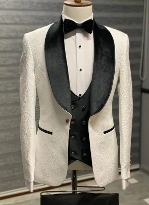 Black and White Slim Fit Shawl Lapel Wool Tuxedo for Men by GentWith