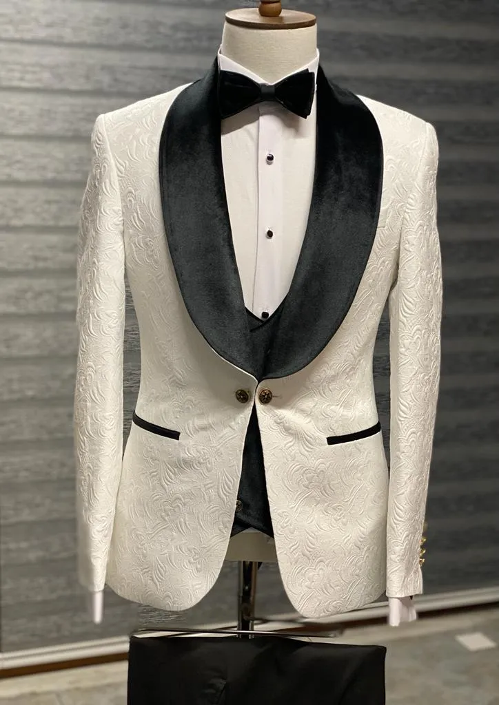 Black and White Slim Fit Shawl Lapel Wool Tuxedo for Men by GentWith