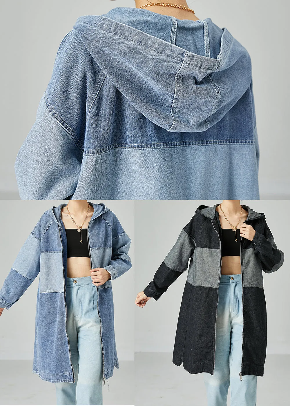 Black Patchwork Cotton Denim Trench Coat Hooded Oversized Spring LY2457