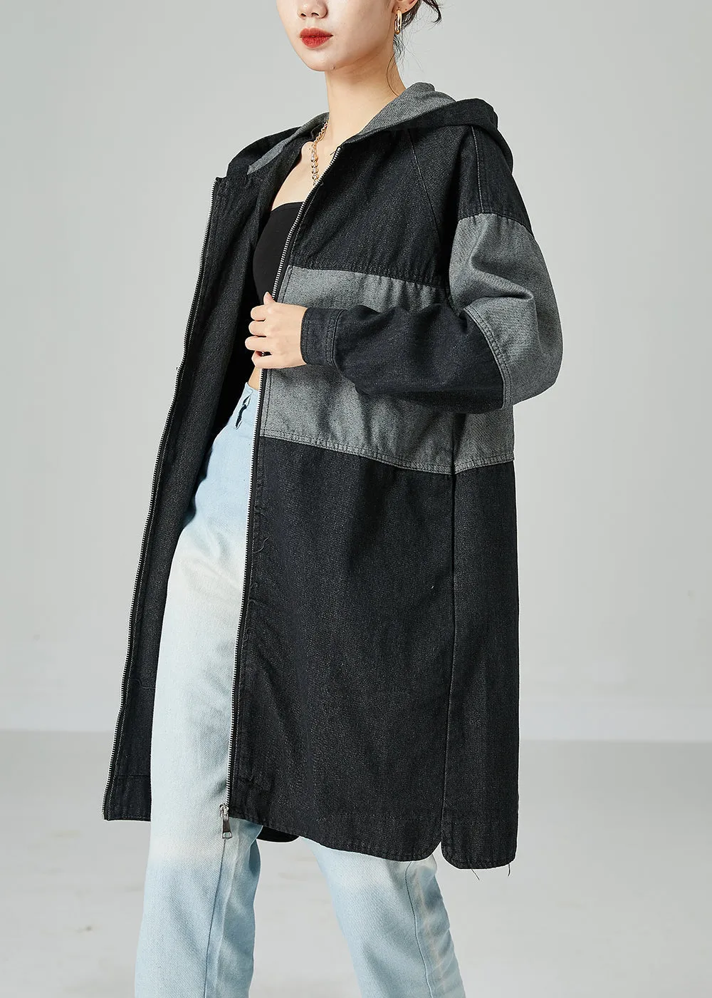 Black Patchwork Cotton Denim Trench Coat Hooded Oversized Spring LY2457