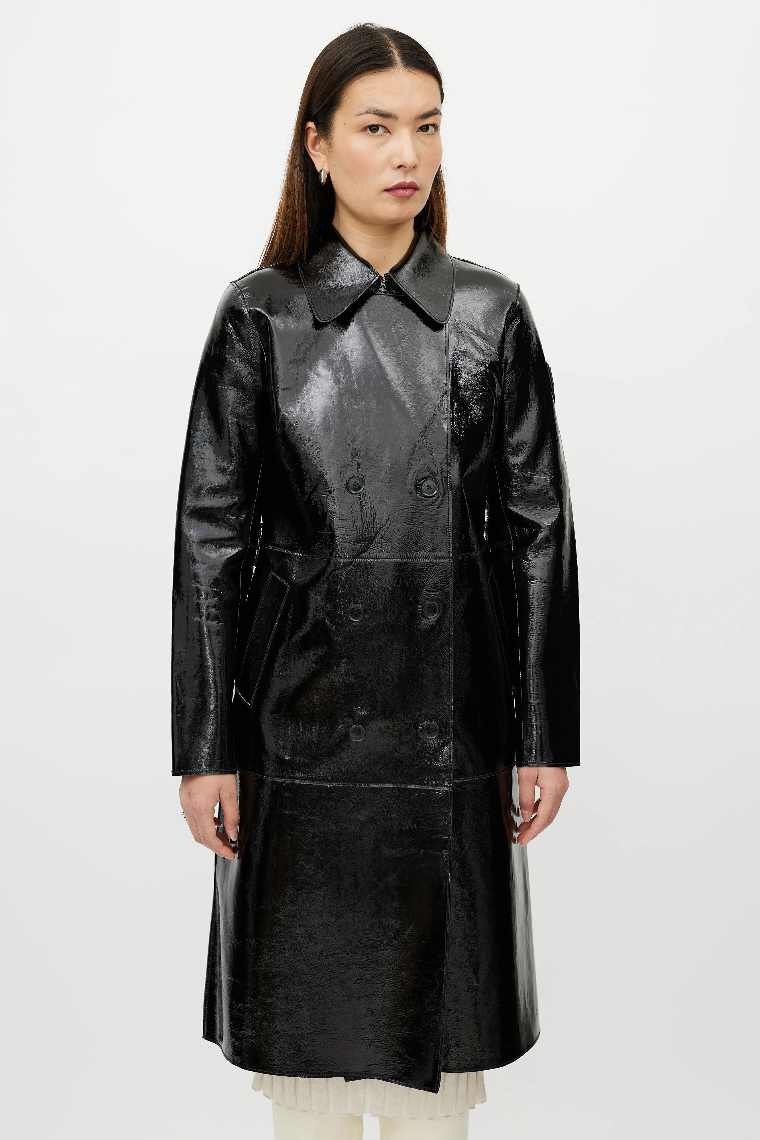 Black Patent Leather Double Breasted Trench Coat