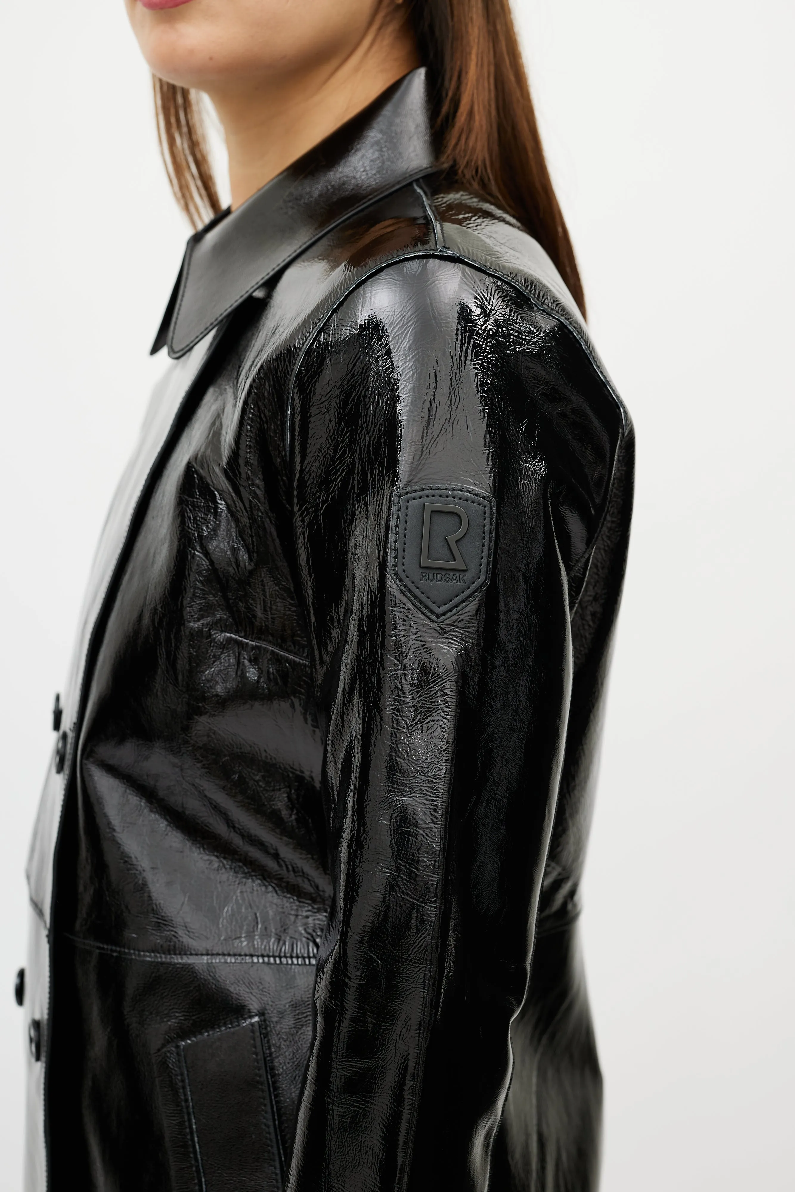 Black Patent Leather Double Breasted Trench Coat