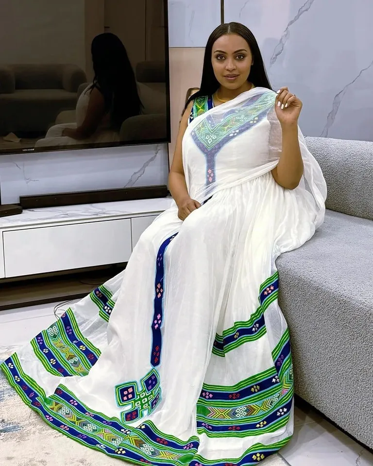 Blue and Green Handwoven Ethiopian Traditional Dress: Beautiful Habesha Dress for Special Events