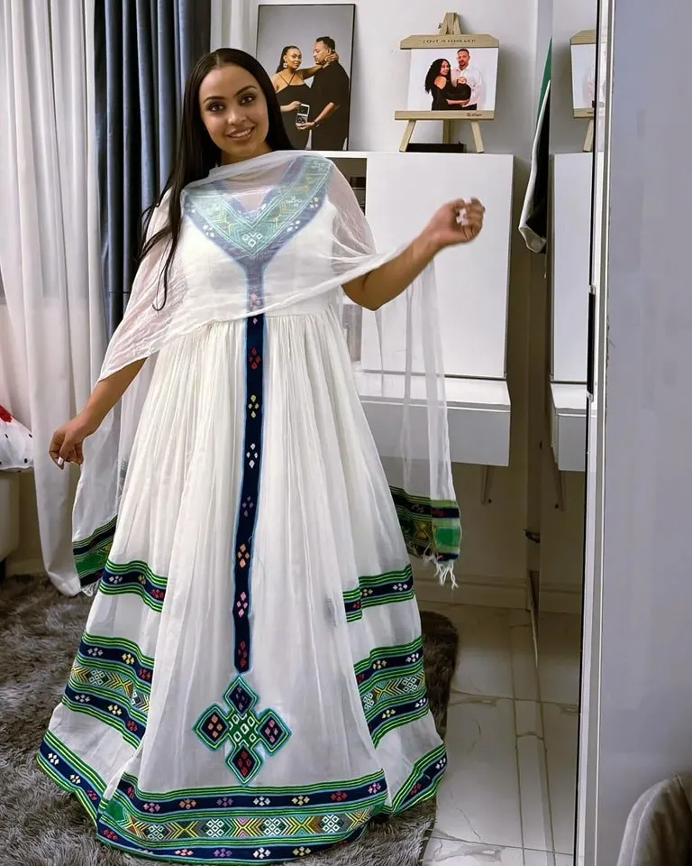 Blue and Green Handwoven Ethiopian Traditional Dress: Beautiful Habesha Dress for Special Events