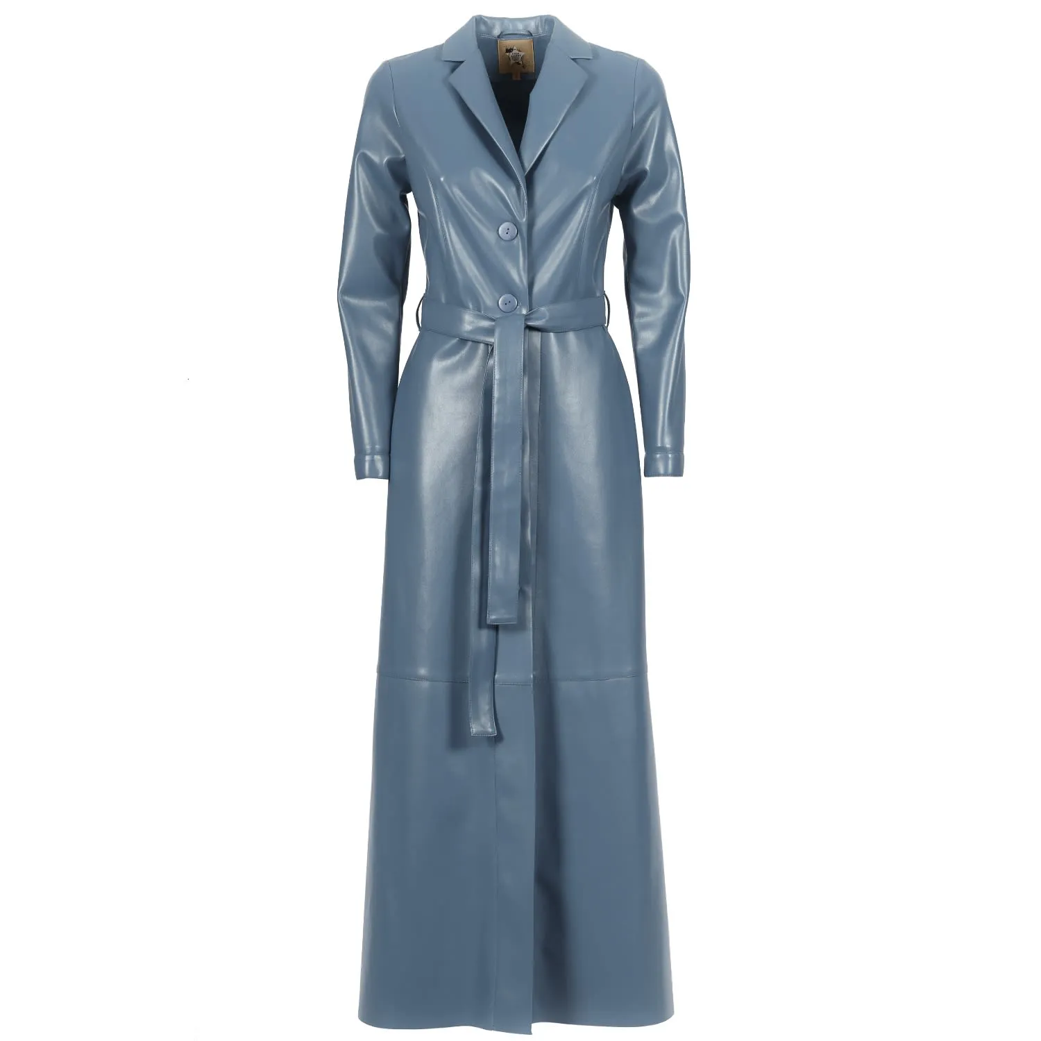 Blue Long Button-Up Eco-Leather Trench