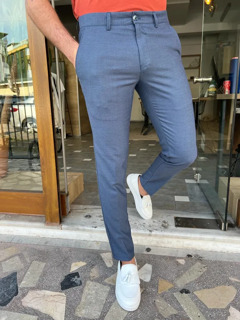 Blue Slim Fit Cotton Pants for Men by GentWith.com