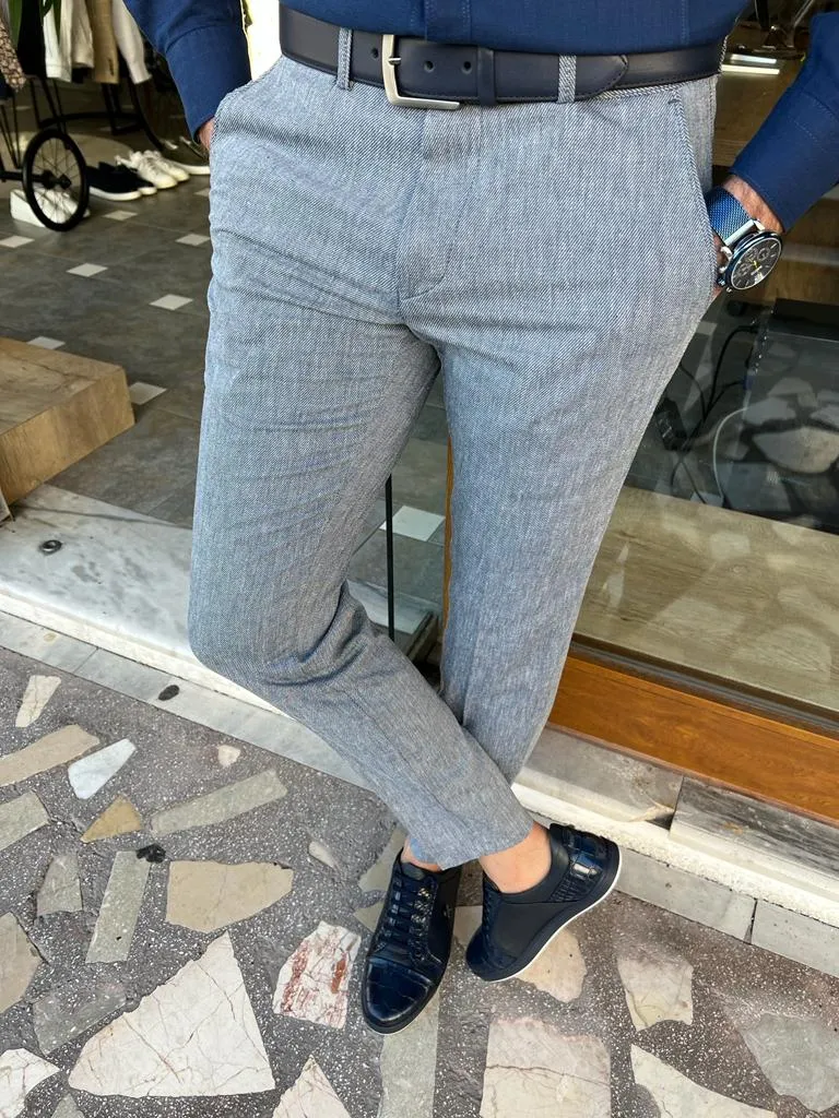 Blue Slim Fit Linen Pants for Men by GentWith.com