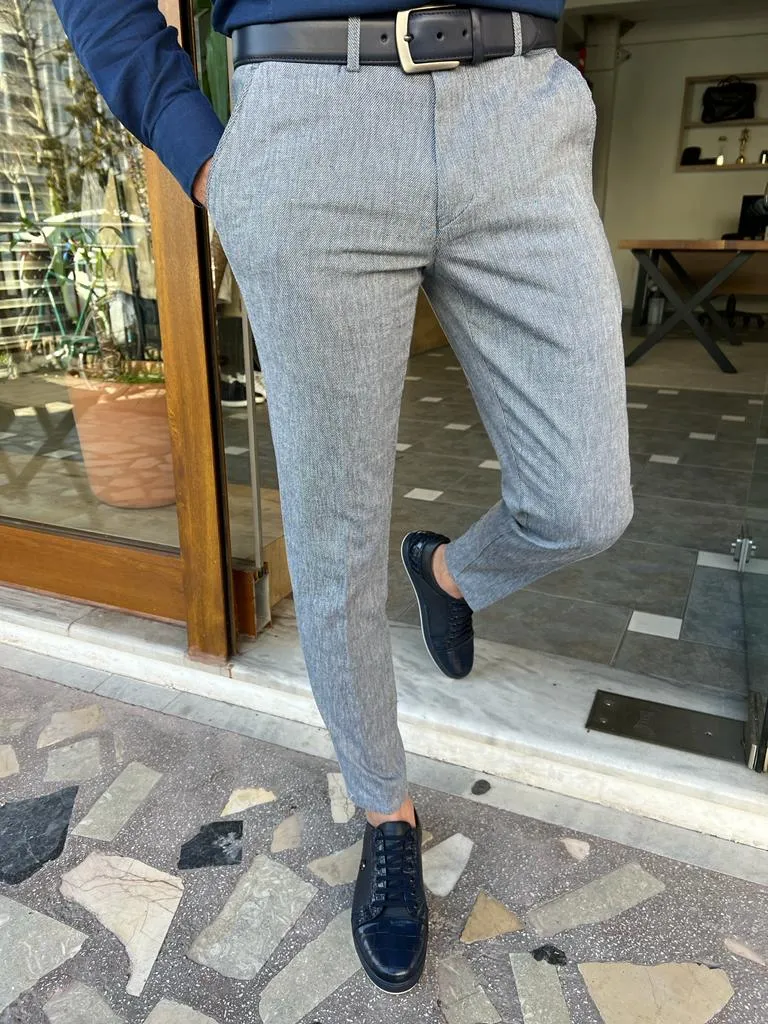 Blue Slim Fit Linen Pants for Men by GentWith.com