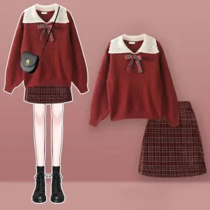 Bowknot Uniform Sweater Plaid Skirt Two Piece Set