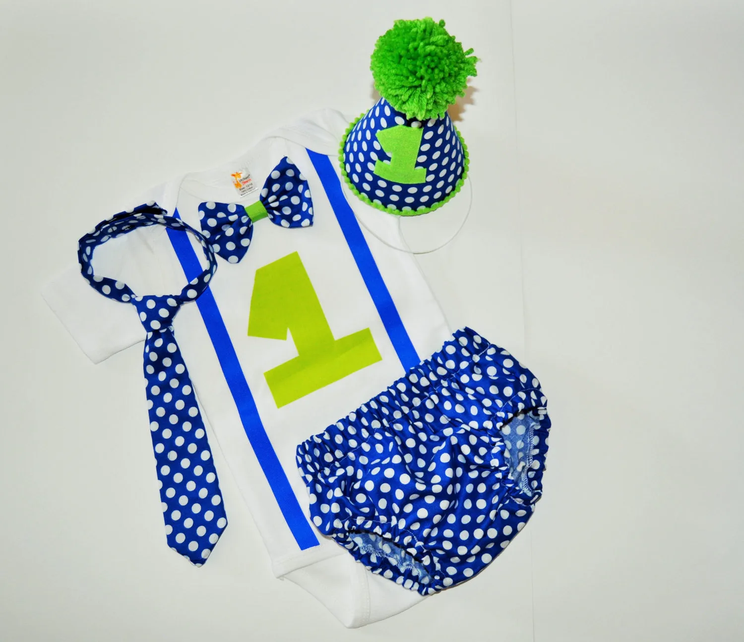 Boy blue and white polka dot smash outfit with party hat, royal blue and lime green birthday outfit, 1st 2nd 3rd birthday, cake smash outfit