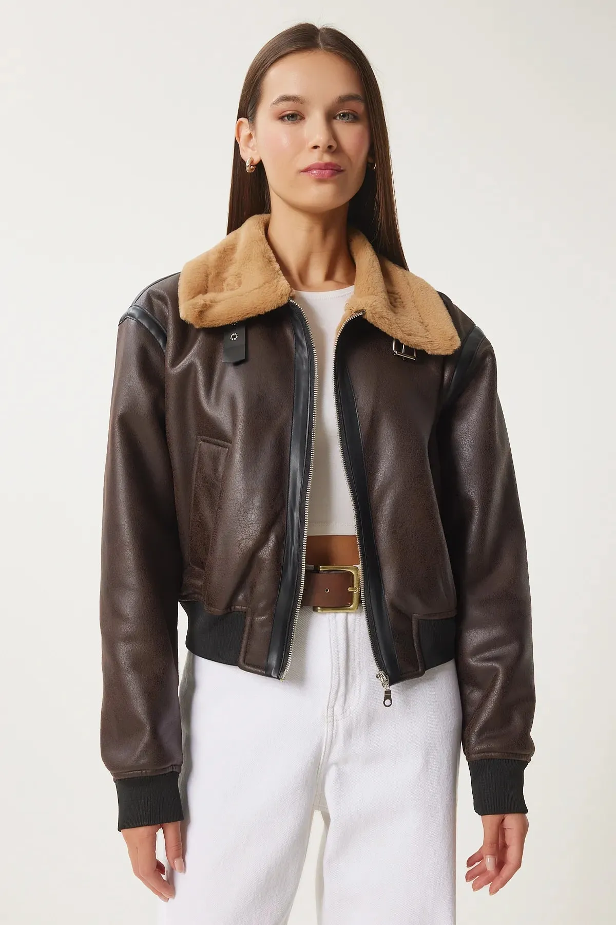 Brown Faux Leather Bomber Jacket