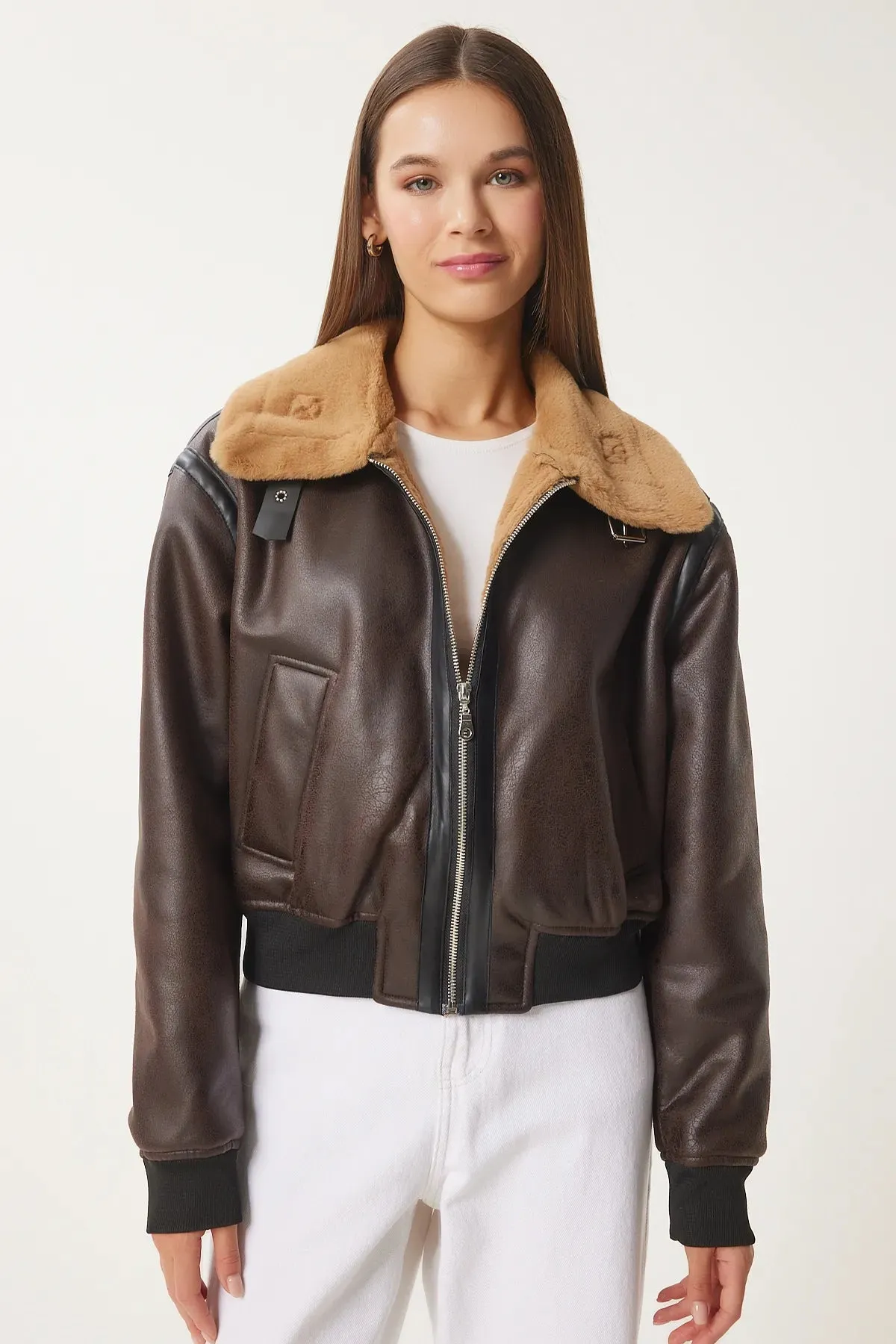 Brown Faux Leather Bomber Jacket