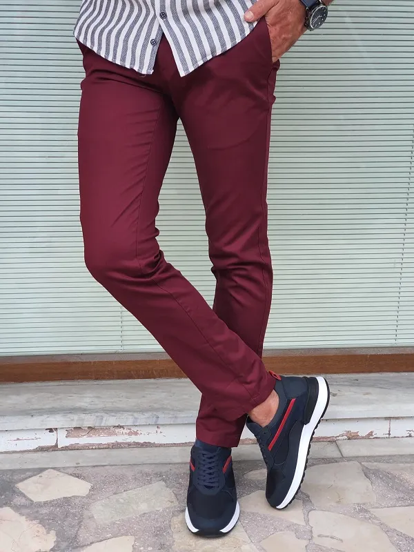 Burgundy Slim Fit Cotton Pants for Men by GentWith | Worldwide Shipping