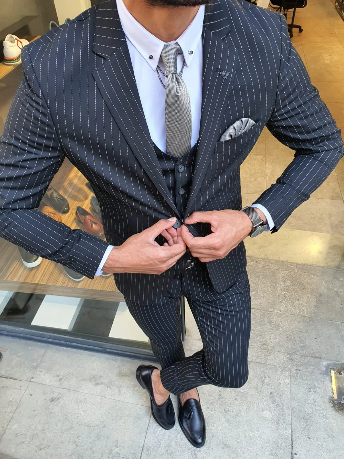 Buy Black Slim Fit Pinstripe Suit by GentWith.com with Free Shipping